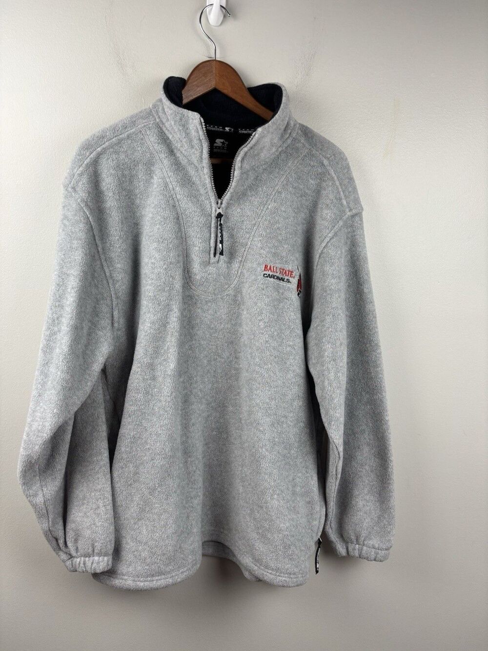 Ball State Cardinals Team Starter 1/4 Zip Fleece Gray Embroidered Pullover EUC L